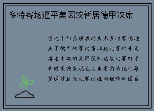 多特客场逼平美因茨暂居德甲次席