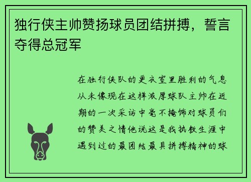 独行侠主帅赞扬球员团结拼搏，誓言夺得总冠军